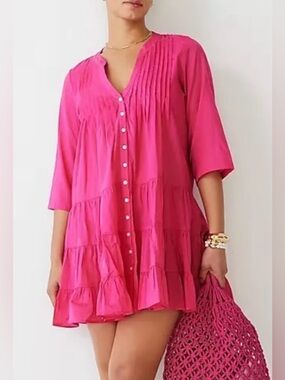 NEW J Crew Button Front Tiered Coverup Dress in Cotton Voile, Pink, XS